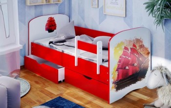 Кровать детская Алые паруса 1.6 с бортиком и 2-мя ящиками (ЛДСП цветной) Белый/Красный в Балахте - balahta.mebel54.com | фото