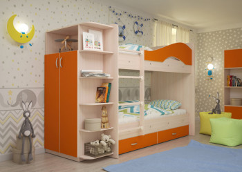 Кровать Мая двухъярусная с ящиками и шкафом Млечный дуб/Оранжевый в Балахте - balahta.mebel54.com | фото