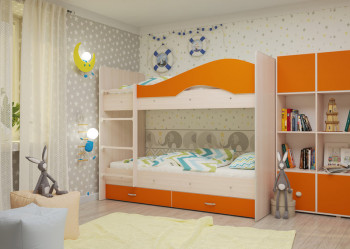 Кровать Мая двухъярусная с ящикамиМлечный дуб/Оранжевый в Балахте - balahta.mebel54.com | фото